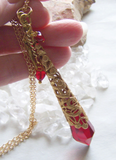 Vintage Gold Celtic Filigree and Red Crystal Prism Pendant Necklace
