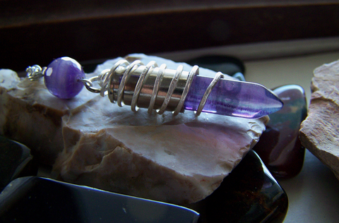 Purple Banded Fluorite Wire Wrapped Silver Bullet Pendant