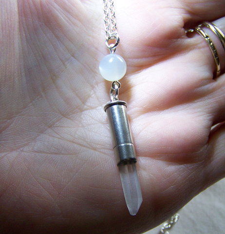 Moonstone and Quartz Silver Bullet Jewelry Necklace