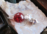 Red Mystic Quartz Crystal Ball Silver Hearts Pendant Necklace