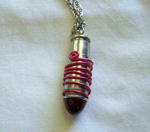 Ruby Red Glass Silver Bullet Capsule Pendant