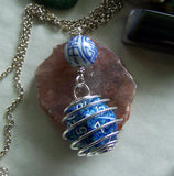 Blue D20 Caged Gamer's Dice Tao Character Shou Bead Pendant Necklace