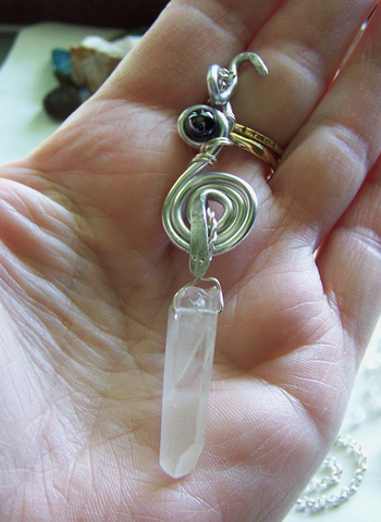 Silver Wire Coiled Snake Quartz Crystal Pendant Necklace