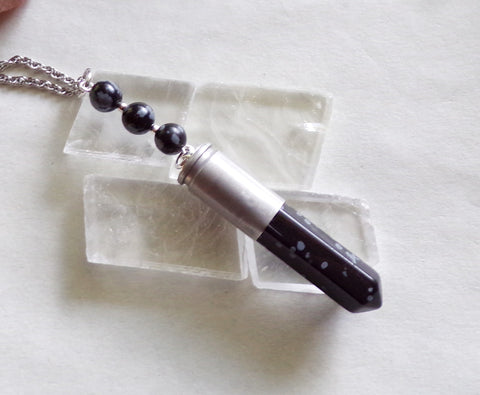 Snowflake Obsidian Naturel Stone Silver Bullet Pendant Necklace
