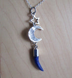 Blue Sodalite Gemstone Horn Silver Moon Star Pendant Necklace