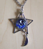 Silver Star Lampwork Glass Moon and Stars Pendant Necklace
