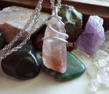 Strawberry Calcite Natural Crystal Wire Wrapped Pendant Necklace