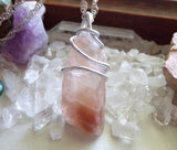 Strawberry Calcite Natural Crystal Wire Wrapped Pendant Necklace
