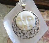 Sun and Moon Face Natural Carved Bone Pendant Necklace