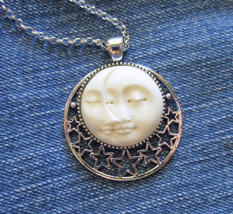 Glass Man In the Moon face necklace celestial moon phase jewelry vintage  rustic | eBay