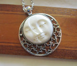 Sun and Moon Face Natural Carved Bone Pendant Necklace