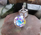 Swarovski Aurora Borealis Crystal Disco Ball Silver Cube Cage Pendant Necklace