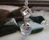 Swarovski Aurora Borealis Crystal Disco Ball Silver Cube Cage Pendant Necklace