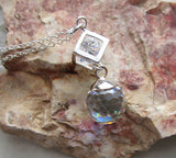 Swarovski Aurora Borealis Crystal Disco Ball Silver Cube Cage Pendant Necklace