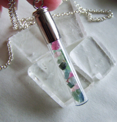 Tourmaline Gemstones Glass Cylinder Silver Bullet Jewelry Pendant
