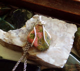 Unakite Natural Pink and Green Gemstone Wire Wrapped Pendant Necklace