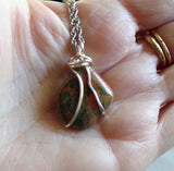 Unakite Natural Pink and Green Gemstone Wire Wrapped Pendant Necklace