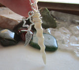 Unicorn Horn Natural White Carved Bone Spiral Wire Wrapped Pendant Necklace