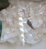 Unicorn Horn Natural White Carved Bone Spiral Wire Wrapped Pendant Necklace
