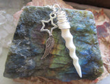 Unicorn Horn Natural White Carved Bone Spiral Wire Wrapped Pendant Necklace