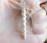 Unicorn Horn Natural White Carved Bone Spiral Wire Wrapped Pendant Necklace