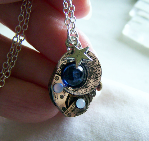 Vintage Watchworks Blue Moon and Stars Steampunk Pendant