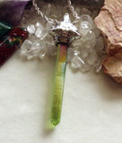 Silver Wolf Head Green Aura Quartz Crystal Pendant Necklace