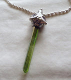 Silver Wolf Head Green Aura Quartz Crystal Pendant Necklace